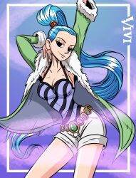 Rule 34 | 1girl, absurdres, arms up, belt, black eyes, blue hair, breasts, camisole, character name, cleavage, coat, commentary, contrapposto, cowboy shot, fur-trimmed coat, fur trim, green coat, halterneck, high ponytail, highres, large breasts, long hair, nefertari vivi, one piece, parted lips, ponytail, schoolyardloser, short shorts, shorts, smile, solo, striped camisole, very long hair