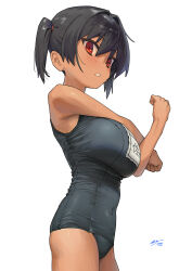 1girl black_hair black_one-piece_swimsuit blush breasts commentary_request covered_navel dated gaki_kyonyuu highres kaedeko_(kaedelic) large_breasts looking_at_viewer one-piece_swimsuit oppai_loli red_eyes sasaki_kanna school_swimsuit short_hair signature simple_background solo swimsuit thighs twintails white_background