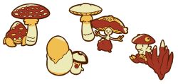 blank_eyes breloom claws foongus full_body game_freak gen_1_pokemon gen_3_pokemon gen_5_pokemon gen_7_pokemon limited_palette mushroom nintendo no_humans parasect peeking_out pokemon satsumapotato shiinotic simple_background sitting smile solid_oval_eyes white_background