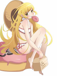 1girl absurdres ass barefoot bikini biting blonde_hair donut drawdream1025 eating feet food grin hat highres hugging_own_legs looking_at_viewer mister_donut monogatari_(series) official_alternate_costume oshino_shinobu smile solo sun_hat swimsuit toes white_bikini yellow_eyes