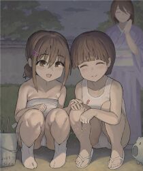 2025 20s 3girls bikini blush breasts brown_eyes brown_hair bucket bush closed_eyes cloud collarbone dated fireworks flat_chest flip-flops hair_bun hair_ornament hairclip hand_on_another&#039;s_hand hand_on_own_knee holding_sparkler japanese_clothes july kimono loli long_sleeves looking_at_viewer mother_and_daughter multiple_girls night night_sky obi one-piece_swimsuit open_mouth original purple_kimono sandals sash short_hair sky small_breasts smile socks sparkler squatting standing star_(sky) starry_sky strapless strapless_bikini summer susu_(ysy) swimsuit tree white_bikini white_one-piece_swimsuit white_sandals white_socks wide_sleeves