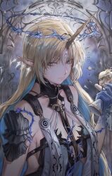 1girl absurdres armor bare_shoulders black_collar black_dress blue_eyes blue_hands breasts closed_mouth collar colored_inner_hair commentary crown_of_thorns doll dress earrings fleurdelys_(wuthering_waves) floating_crown floating_earrings highres holding holding_doll horns jewelry konbunyas large_breasts long_horns multicolored_hair parted_bangs pointy_ears shoulder_armor single_horn solo symbol-only_commentary tabard tacet_mark_(wuthering_waves) white_tabard wuthering_waves yellow_horns