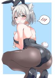 1girl animal_ear_hairband animal_ears ass back black_leotard blue_background blush bob_cut border breasts cat_ears cat_girl closed_mouth commentary_request fake_animal_ears fake_tail hair_between_eyes hairband high_heels highres large_breasts leotard median_furrow mio_(xenoblade) otama_(otama_ladle23) outside_border pantyhose playboy_bunny rabbit_ear_hairband rabbit_ears rabbit_tail short_hair simple_background solo spoken_blush squatting tail white_border white_hair xenoblade_chronicles_(series) xenoblade_chronicles_3 yellow_eyes