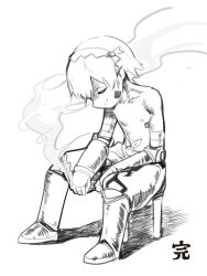 1boy ashita_no_joe boots chinese_commentary closed_eyes closed_mouth commentary_request facial_mark greyscale hairband highres made_in_abyss male_focus mechanical_arms meme monochrome nipples on_stool pants reg_(made_in_abyss) short_hair sitting smile smoke smoke_trail solo sterlank stool topless_male white_background yabuki_joe_in_a_chair_(meme)