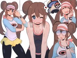 1girl 2024_pokemon_teraleak amoonguss black_pantyhose blue_eyes breasts breath bright_pupils brown_hair cleavage closed_eyes coke-bottle_glasses commentary commission creatures_(company) double_bun drooling game_freak gen_5_pokemon glasses hair_bun hand_on_own_chin hand_up heart highres long_hair looking_at_viewer mouth_drool multiple_views nintendo one_eye_closed open_mouth pantyhose pie_(aipiepo) pokemon pokemon_bw2 raglan_sleeves rosa_(pokemon) shirt shorts stroking_own_chin sweat twintails visor_cap white_pupils xtransceiver yellow_shorts