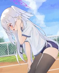 1girl blue_archive blue_buruma blue_sky blush buruma cloud commentary day english_commentary exhausted fence from_side grass gym_shirt halo hand_in_own_hair hand_on_own_leg head_wings highres id_card leaning_forward long_hair lumayian open_mouth outdoors purple_halo red_eyes running_track shirt signature single_head_wing sky solo suzumi_(blue_archive) sweat thighhighs twitter_username white_hair white_shirt wings