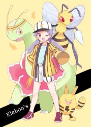1girl ;d antennae bad_id bad_pixiv_id baseball_cap beedrill blue_shirt brown_eyes casey_(pokemon) character_name commentary_request creature creatures_(company) dot_nose elekid full_body game_freak gen_1_pokemon gen_2_pokemon hand_on_own_hip hat holding holding_megaphone insect_wings jacket lightning_bolt_symbol long_hair meganium megaphone mei_(maysroom) nintendo one_eye_closed open_mouth outstretched_arm pokemon pokemon_(anime) pokemon_(classic_anime) pokemon_(creature) purple_hair shirt shorts smile standing striped_clothes striped_jacket striped_shorts twintails white_shorts wings yellow_background yellow_jacket