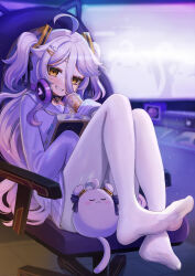 1girl absurdres ahoge book breasts chair commentary_request cup disposable_cup drinking_straw gaming_chair grin hair_ornament hairclip headphones headphones_around_neck henya_the_genius henya_the_genius_(school_uniform) highres holding holding_book jacket knees_up looking_at_viewer monitor on_chair pantyhose purple_hair purple_jacket purple_skirt sahara1127 sitting skirt small_breasts smile swivel_chair teeth twintails virtual_youtuber vshojo white_pantyhose yellow_eyes