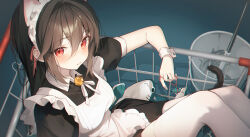 1girl animal_ears apron bell black_dress black_hair bucket cat_ears cat_girl dress e_name highres in_shopping_cart jingle_bell long_hair maid maid_apron maid_headdress mop original red_eyes ribbon shopping_cart short_sleeves solo thighhighs white_apron white_headdress white_ribbon white_thighhighs wrist_cuffs