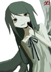 Rule 34 | 1girl, absurdres, archaic japanese text, arm up, bare shoulders, black ribbon, blank eyes, colored skin, dress, fairy wings, furrowed brow, green eyes, green skin, green wings, grey dress, grey hair, gun, hand up, highres, holding, holding gun, holding weapon, light smile, long hair, looking up, no lineart, pale skin, ribbon, saya (saya no uta), saya no uta, solo, vietkune, weapon, white background, wings