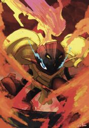 absurdres armarouge armor artist_name black_skin blue_eyes colored_skin eye_trail fiery_hair fire full_body highres light_trail nintendo pokemon pokemon_(creature) red_skin riotono_0643 shoulder_armor solo spikes yellow_armor