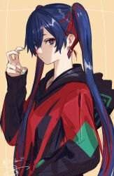 1girl alternate_hair_length alternate_hairstyle bent_v black_jacket blue_eyes blue_hair blue_nails closed_mouth colored_inner_hair commentary diamond_earrings earrings from_side hand_in_pocket hand_up highres hood hooded_jacket isshiki_(ffmania7) jacket jewelry kamitsubaki_studio light_blush long_hair long_sleeves multicolored_eyes multicolored_hair multicolored_jacket red_eyes red_hair red_jacket rim_(kamitsubaki_studio) simple_background solo symbol-only_commentary twintails upper_body v virtual_youtuber yellow_background yellow_pupils