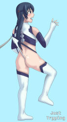 1girl armor ass black_hair blue_eyes blush boots butt_crack embarrassed formal_clothes himekawa_hayuru huge_ass justtryying kadokawa kadokawa_shoten legs long_hair masou_gakuen_hxh suit wedgie
