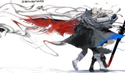 2girls animal_ears arknights black_boots black_coat black_gloves black_hair black_pantyhose blue_gloves boots cape coat coat_on_shoulders dancing floating floating_cape floating_hair floating_object floating_sword floating_weapon full_body gloves grin hair_ornament hairclip highres holding_hands knee_boots lappland_(arknights) lappland_the_decadenza_(arknights) long_hair looking_at_viewer multiple_girls mutomorokoshi pantyhose red_cape scar scar_across_eye scar_on_face sharp_teeth simple_background smile sword tail teeth texas_(arknights) texas_the_omertosa_(arknights) twitter_username weapon white_background white_boots white_eyes white_hair wolf_ears wolf_girl wolf_tail