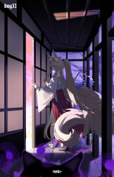 1girl absurdres animal_ear_fluff animal_ears architecture black_shoes blonde_hair breasts cat cherry_blossoms east_asian_architecture fox_ears fox_girl fox_girl_miko_(7317helic) fox_tail frog gohei green_eyes hair_intakes hakama hakama_skirt helic_(7317helic) highres japanese_clothes kosode long_hair long_sleeves miko open_door original ponytail red_hakama shoes shouji shrine signature skirt sliding_doors socks solo tail very_long_hair walking white_socks wide_sleeves