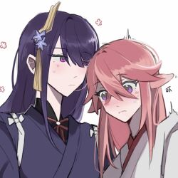 2girls animal_ears blush chinese_commentary chinese_text commentary_request cropped fox_ears fox_girl genshin_impact hair_ornament japanese_clothes kimono long_hair mole mole_under_eye multiple_girls nanami_(qihai66666) pink_hair purple_eyes purple_hair purple_kimono raiden_shogun surprised yae_miko
