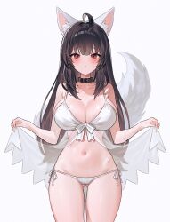 1girl ahoge animal_ears bare_arms bare_shoulders bikini black_choker black_hair breasts choker cleavage commission cowboy_shot fox_ears fox_girl fox_tail front-tie_bikini_top front-tie_top fymrie gluteal_fold highres korean_commentary large_breasts lifting_own_clothes navel original parted_lips red_eyes see-through_clothes side-tie_bikini_bottom simple_background skindentation solo spaghetti_strap standing stomach string_bikini swimsuit tail tail_raised thighs white_background white_bikini