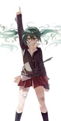 1girl ahoge aqua_hair bandage_on_cheek bandage_on_face bandaged_head bandaged_leg bandages bandaid bandaid_on_face bandaid_on_nose black_necktie black_socks black_sweater bruise bruise_on_leg clenched_hand closed_mouth collared_shirt commentary crescent cuts floating_hair hair_between_eyes hatsune_miku highres index_finger_raised injury kneehighs legs_apart long_hair looking_at_viewer loose_necktie miniskirt necktie pleated_skirt pointing pointing_up red_skirt rolling_girl_(vocaloid) samsap school_uniform shirt skirt socks solo standing sweater twintails v-shaped_eyebrows vocaloid white_background white_undershirt