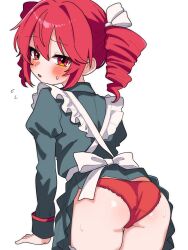 1girl alternate_costume apron ass blush cowboy_shot drill_hair frilled_apron frills grey_shirt grey_skirt highres kasane_teto long_sleeves looking_at_viewer looking_back miniskirt panties parted_lips red_eyes red_hair red_panties shirt simple_background skirt solo standing twin_drills underwear utau vvv_fnk white_apron white_background