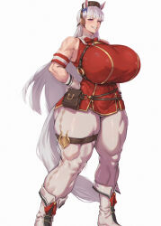 1girl alternate_body_size alternate_breast_size animal_ears armband bare_shoulders belt_pouch blunt_bangs boots bow bowtie breasts brown_hat covered_erect_nipples curvy dress ear_bow ear_covers ear_ribbon gigantic_breasts gloves gold_ship_(umamusume) grin hand_on_own_hip hat highres horse_ears horse_girl horse_tail horseshoe_ornament knee_boots leggings long_hair muscular muscular_female o-ring pantyhose pillbox_hat pink_eyes pouch purple_bow red_bow red_bowtie red_dress sleeveless sleeveless_dress smile solo standing tail thigh_strap umamusume white_background white_boots white_gloves white_hair white_leggings zer0.zer0