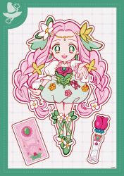 Rule 34 | 1girl, bag bow, border, bow, braid, bright pupils, brooch, bubble skirt, butterfly hair ornament, choker, circlet, cure felice, deformed, dot nose, dotted line, earrings, floral print, flower, flower brooch, flower wand, footwear bow, frilled sleeves, frills, full body, green border, green bow, green brooch, green choker, green eyes, green ribbon, green shirt, green shoes, green skirt, green wrist cuffs, grey background, grid background, hair bow, hair flower, hair ornament, hanami kotoha, happy, highres, jewelry, leaf earrings, leg ribbon, long hair, looking at viewer, low twin braids, magical girl, mahou girls precure!, miniskirt, offering hand, open mouth, outline, outstretched hand, palms, pink bag, pink bow, pink flower, pink hair, precure, puffy short sleeves, puffy sleeves, ribbon, shirt, shoes, short sleeves, signature, skirt, smile, solo, standing, tareme, teeth, tulip, twin braids, two-tone bag, upper teeth only, uwded 207, very long hair, waist bag, white bag, white bow, white flower, white outline, white pupils, white sleeves, wrist cuffs
