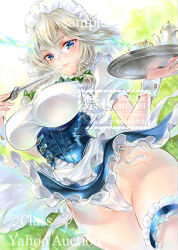 apron at_classics blue_eyes bow braid breasts green_bow grey_hair izayoi_sakuya knife lips maid maid_apron maid_headdress panties thick_thighs thighs touhou traditional_media twin_braids underwear waist_apron white_panties wide_hips