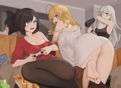 ahoge ass bag_of_chips barefoot bent_over black_hair black_pantyhose black_shirt blake_belladonna blonde_hair blue_eyes book breasts cleavage closed_mouth controller couch game_controller grey_eyes hair_dryer highres holding holding_book holding_controller holding_game_controller holding_hair_dryer indoors large_breasts long_hair long_sleeves looking_back medium_hair off_shoulder one_eye_closed open_book open_mouth pantyhose pillow playing_games purple_eyes reading ruby_rose rwby shirt sitting sleeveless sleeveless_shirt standing sweatdrop tank_top teeth tongue undressing wangxiii weiss_schnee white_hair white_shirt yang_xiao_long
