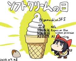 1girl ainu_clothes artist_name black_hair breasts chibi dated fingerless_gloves food gloves grey_eyes hair_ribbon highres ice_cream japanese_text leaning_forward legs long_hair mamahaha nakoruru pants ribbon samurai_spirits small_breasts smile snk the_king_of_fighters thighs translation_request