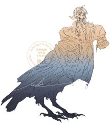 1girl arknights bird_girl coat commentary_request full_body highres la_pluma_(arknights) long_hair looking_at_viewer m10_(lycos_zzz) monster_girl shirt simple_background sleeveless sleeveless_shirt solo standing taur white_background