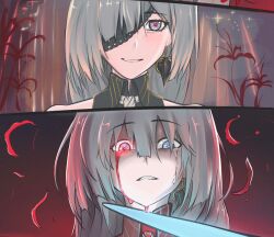 Rule 34 | 1girl, blood, bloody tears, commentary, crying, crying with eyes open, earrings, english commentary, grey hair, heterochromia, highres, jewelry, long hair, looking at viewer, one eye covered, parted lips, phrolova (wuthering waves), red eyes, smile, split theme, tears, vizorya, wuthering waves