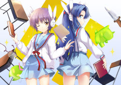 Rule 34 | 00s, 10s, 2girls, asakura ryoko, back-to-back, blue eyes, blue hair, book, brown eyes, bunny headphones, cardigan, chair, dagger, desk, dog, glasses, gradient background, grey hair, headphones, highres, kimidori-san, knife, long hair, mask, multiple girls, nagato yuki, nagato yuki-chan no shoushitsu, school uniform, serafuku, short hair, suzumiya haruhi-chan no yuuutsu, suzumiya haruhi no shoushitsu, suzumiya haruhi no yuuutsu, wang jiabo, weapon