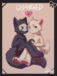 2boys changed chinese_commentary claws commentary_request copyright_name furry furry_male heart holding_hands lin_(changed) looking_at_viewer lucky456852 male_focus multiple_boys nipples no_pants pawpads puro_(changed) smile