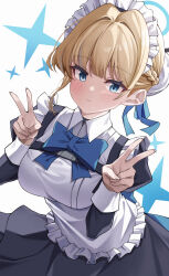 1girl :| absurdres apron back_bow black_dress blonde_hair blue_archive blue_bow blue_bowtie blue_eyes blue_halo blue_ribbon bow bowtie bun_cover chest_harness closed_mouth collared_dress commentary double_v dress expressionless floating_clothes frilled_apron frills hair_bun hair_intakes hair_ribbon half_up_braid halo harness highres juliet_sleeves leaning_forward light_blush long_sleeves looking_at_viewer maid maid_apron maid_headdress noa_(noa01010) puffy_sleeves ribbon short_hair simple_background single_sidelock solo star_(symbol) star_symbol_background toki_(blue_archive) v white_apron white_background