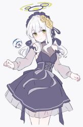 1girl absurdres alternate_costume black_dress blue_archive breasts closed_mouth collarbone cowboy_shot cropped_legs detached_sleeves dress drone green_eyes halo hare_(blue_archive) heimu_(heim_kstr) highres long_hair looking_at_viewer see-through_clothes see-through_sleeves sideboob simple_background sketch small_breasts solo white_background white_hair