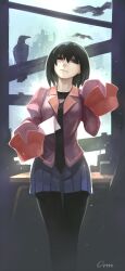 Rule 34 | 1girl, artist name, bad id, bad pixiv id, bird, black bird, black eyes, black hair, black necktie, black pantyhose, black undershirt, boarded windows, bob cut, breasts, closed mouth, collared shirt, commentary, crow, desk, dress shirt, empty eyes, feet out of frame, grey skirt, hair between eyes, hand up, highres, holding, holding paper, juliet sleeves, light frown, light particles, long sleeves, monogatari (series), naoetsu high school uniform, narrowed eyes, necktie, orm (user mufz8783), oshino ougi, pale skin, pantyhose, paper, pink shirt, pleated skirt, puffy sleeves, school uniform, shirt, short hair, signature, skirt, sleeves past fingers, sleeves past wrists, small breasts, solo, standing, thigh gap, very long sleeves, window