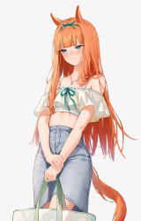 1girl alternate_costume animal_ears aqua_eyes bag bare_shoulders blue_skirt blush casual closed_mouth denim denim_skirt emyo grey_background highres holding holding_bag horse_ears horse_girl horse_tail jewelry looking_to_the_side navel necklace orange_hair pants silence_suzuka_(umamusume) simple_background skirt standing tail umamusume