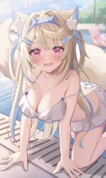 1girl absurdres alternate_costume animal_ear_fluff animal_ears bandaid bandaid_hair_ornament bikini blonde_hair blue_hair blue_nails blurry blurry_background blush breasts cleavage collarbone commentary_request dog_ears dog_girl dog_tail fang fingernails frilled_bikini frills fuwawa_abyssgard hair_intakes hair_ornament hairband hairclip hands_on_ground hanging_breasts highres hololive hololive_english large_breasts leaning_forward leg_up long_hair looking_at_viewer multicolored_hair nail_polish open_mouth parallel_hairclips pink_eyes pool poolside sasamin shy skin_fang solo spiked_hairband spikes strap_slip streaked_hair swimsuit tail two_side_up virtual_youtuber wet white_bikini