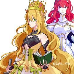 1girl bare_shoulders blonde_hair book bow butterfly_hair_ornament celica_(emblem)_(fire_emblem) celica_(fire_emblem) celine_(fire_emblem) crown dolphin_0028 dress dress_bow fire_emblem fire_emblem_engage gem green_eyes hair_ornament highres holding holding_book long_hair looking_at_viewer nintendo open_book orange_bow orange_gemstone princess red_eyes red_hair very_long_hair wrist_bow yellow_dress