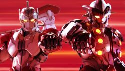 2boys arm_out_of_frame armor axe battle_axe brothers clenched_hand commentary double-sided_axe fighting_stance fumei_(mugendai) glowing glowing_chest glowing_eyes holding holding_axe holding_weapon jean-bot jean-nine looking_at_viewer male_focus mecha mecha_focus motion_lines multicolored_armor multiple_boys no_humans outstretched_arm over_shoulder photorealistic realistic red_armor red_background robot siblings side-by-side silver_armor speed_lines standing tokusatsu tsuburaya_productions two-tone_armor ultra_galaxy_(series) ultra_series ultraman_zero_the_movie_choukessen!_belial_ginga_teikoku upper_body weapon weapon_over_shoulder white_armor yellow_eyes