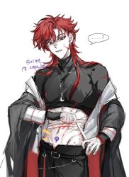 ... 1boy abs alternate_hairstyle artist_name bandages belt bishounen black_belt black_jacket black_pants black_shirt blood blood_on_clothes blood_on_face chinese_commentary chinese_text crop_top earrings fang groin hair_down highres injury jacket jacket_partially_removed jewelry long_hair long_sleeves looking_at_viewer male_focus midriff navel necklace off_shoulder open_clothes pants parted_lips pubic_tattoo quzhongrensan942 red_eyes red_hair shiguang_dailiren shirt shirt_partially_removed simple_background sketch sleeves_past_wrists solo spoken_ellipsis stomach tassel tassel_earrings tattoo teeth toned toned_male turtleneck white_background white_shirt xiao_weiying