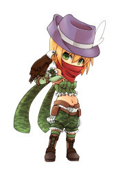 Rule 34 | 1girl, animal on arm, bandana, belt, bird, bird on arm, blonde hair, boots, brown belt, brown boots, camouflage, camouflage scarf, camouflage shorts, chibi, chibi only, commentary request, eagle, elbow gloves, fedora, fingerless gloves, full body, gloves, green eyes, green gloves, green scarf, green shorts, green thighhighs, green tube top, hat, highres, looking at viewer, midriff, navel, purple hat, ragnarok online, ranger (ragnarok online), red bandana, scarf, shorts, simple background, solo, strapless, thighhighs, tomiya airu, tube top, white background