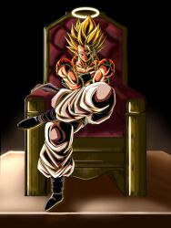 Rule 34 | 1boy, absurdres, black background, black vest, blonde hair, cropped vest, crossed arms, dragon ball, dragon ball z dokkan battle, dragonball z, full body, gogeta, green eyes, halo, highres, male focus, medium hair, metamoran vest, muscular, muscular male, no shirt, open clothes, open vest, pants, sai t d, shadow, simple background, sitting, solo, spiked hair, super saiyan, super saiyan 1, throne, vest, white pants
