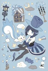 1girl absurdres bare_shoulders battle_chatelaine black_gloves black_pantyhose blue_background blue_dress blue_eyes blue_hair blue_hat blue_shoes blue_theme bob_cut candelabra candle candlestand candy chamooi closed_mouth cloud colored_skin commentary commentary_request curtains dress elbow_gloves evelyn_(pokemon) eyelashes fire food full_body gen_4_pokemon gloves hat high_heels highres lamppost nintendo official_art open_mouth pachirisu pantyhose pokemon pokemon_(creature) pokemon_xy rare_candy shoes shooting_star_(symbol) short_hair smile star_(sky) star_(symbol) teeth third-party_source top_hat upper_teeth_only white_skin window wrapped_candy