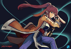 1girl animal_ears bad_id bad_pixiv_id blue_eyes club3 dog_ears female_focus head_wings highres japanese_clothes long_hair ponytail purple_hair solo sword touka_(utawarerumono) utawarerumono weapon wings