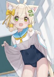 1boy ahoge animal_ear_fluff animal_ears artist_name blonde_hair blue_one-piece_swimsuit blue_sailor_collar blurry blurry_background blush bow cat_boy cat_ears cat_tail classroom clothes_lift commentary_request covered_navel crossdressing crossdressing_(mtf) depth_of_field dress dress_lift fang fish_hair_ornament green_eyes hair_bow hair_ornament hair_tubes hairclip hazakura_hinata heterochromia highres indoors kaya_(hazakura_hinata) lifting_own_clothes looking_at_viewer male_focus neckerchief old_school_swimsuit one-piece_swimsuit open_mouth original parallel_hairclips sailor_collar school_swimsuit short_hair short_sleeves signature smile solo swimsuit swimsuit_under_clothes tail trap white_dress yellow_bow yellow_eyes yellow_neckerchief