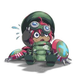 armor digimon digimon_(creature) goggles goggles_on_head green_armor ludomon red_hair sharp_teeth shield sitting solo teeth with_out_will