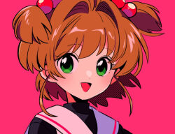 1girl :d blush brown_hair cardcaptor_sakura commentary green_eyes hair_bobbles hair_intakes hair_ornament hair_tie kinomoto_sakura looking_at_viewer open_mouth pink_background sailor_collar sanamaru_(sana79261827) school_uniform short_hair simple_background smile solo tomoeda_elementary_school_uniform twintails two_side_up upper_body
