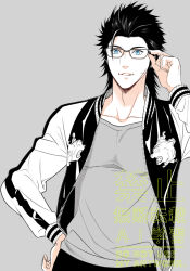 1boy adjusting_eyewear alternate_costume black_hair blue_eyes collarbone commentary_request cross_scar facial_scar final_fantasy final_fantasy_vii glasses grey_background grey_shirt hand_on_own_hip hisa4_ap jacket long_sleeves male_focus open_clothes open_jacket parted_lips scar scar_on_cheek scar_on_face shirt short_hair solo spiked_hair upper_body zack_fair