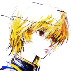 Rule 34 | 1boy, androgynous, blonde hair, closed mouth, collared shirt, earrings, eyelashes, gou tou21081, highres, hunter x hunter, jewelry, kurapika, male focus, piercing, popped collar, portrait, red eyes, shirt, simple background, solo, white background