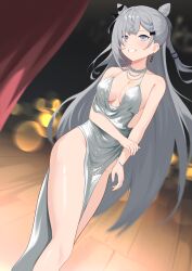 1girl absurdres alternate_costume bare_shoulders bead_necklace beads blue_eyes blurry blurry_background bracelet breasts cleavage collarbone commentary commission cone_hair_bun double_bun dress dutch_angle english_commentary evening_gown formal_clothes gown grey_dress grey_hair grin groin hair_bun highres holding_own_hand hololive hololive_indonesia jewelry light_blush long_dress long_hair looking_ahead medium_breasts necklace shift_(shiftillust) side_slit sleeveless sleeveless_dress smile solo spaghetti_strap teeth thighs vestia_zeta virtual_youtuber